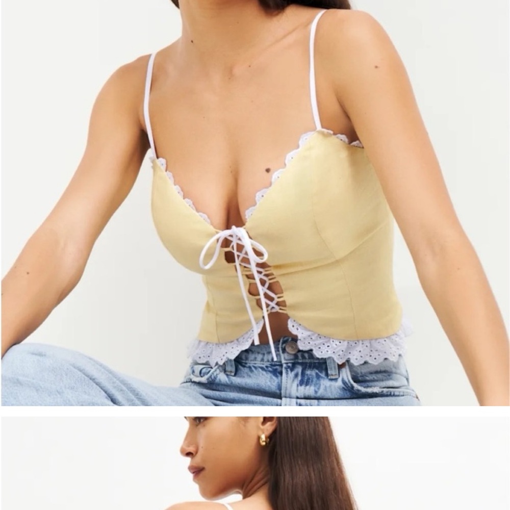 Reformation Yellow Lace-Up Crop Top with White Lace Trim